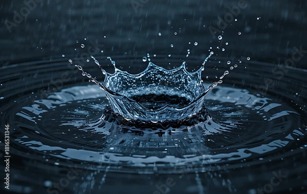 Fototapeta A captivating close-up of a water droplet impact, creating a perfect crown-shaped splash and expanding ripples on a dark blue water surface