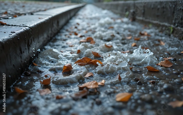 Fototapeta Vibrant autumn leaves caught in a brisk current of rain water flowing through an outdoor channel, capturing the essence of the season's transition and natural beauty