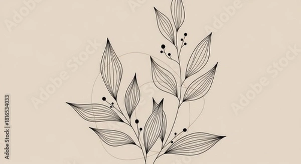 Fototapeta Botanical linework: Hand-drawn leaves in thin black strokes over a muted beige base. The airy, modern design blends nature and minimalism, adding warmth while keeping a refined look.