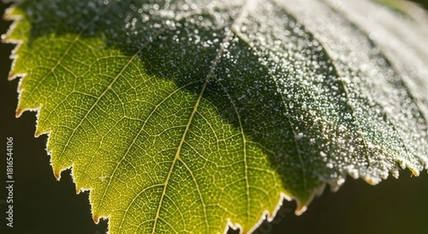 Obraz Bright green leaf covered with sparkling ice crystals and beautiful visible veins