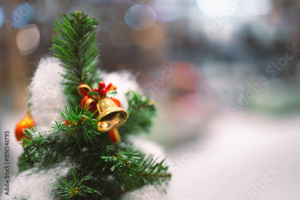 Obraz Closeup garland Christmas tree decoration,red,gold,silver ornament with bokeh background. Perfect holiday sales, winter celebration, festive seasonal promotions, marketing, shopping with copy space