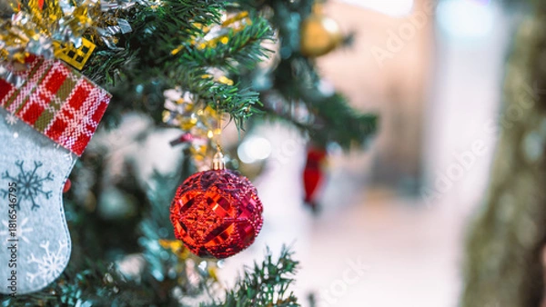 Obraz Closeup garland Christmas tree decoration,red,gold,silver ornament with bokeh background. Perfect holiday sales, winter celebration, festive seasonal promotions, marketing, shopping with copy space