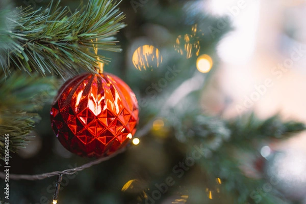 Obraz Closeup garland Christmas tree decoration,red,gold,silver ornament with bokeh background. Perfect holiday sales, winter celebration, festive seasonal promotions, marketing, shopping with copy space