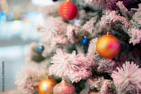 Obraz Closeup snowy Christmas tree decoration,red,gold,silver ornament with bokeh background. Perfect holiday sales, winter celebration, festive seasonal promotions, marketing, shopping with copy space