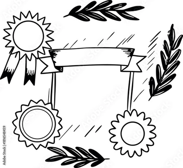 Obraz Green organic brush strokes with abstract silhouette shapes and labels