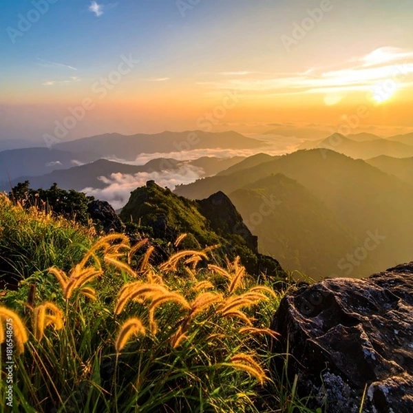Fototapeta A breathtaking landscape photo showing golden light radiating over a mountain range at sunrise. Reeds sway in the foreground