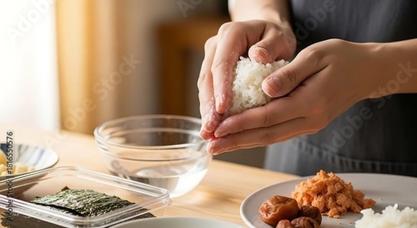 Obraz Expert hands shaping delicious Japanese onigiri for traditional cooking
