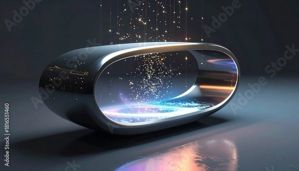 Fototapeta Ultra-modern tech piece generating floating holographic elements above its form, subtle mystical shimmer blending with clean minimal design