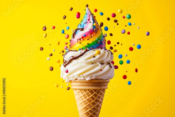 Fototapeta Colorful rainbow ice cream cone exploding with toppings and chocolate sauce on bright yellow background — fun and playful dessert concept.