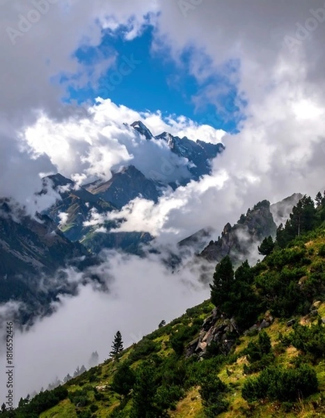 Fototapeta A breathtaking landscape reveals a green, sloped hillside with scattered evergreen trees leading to majestic, cloud-wrapped mountain peaks