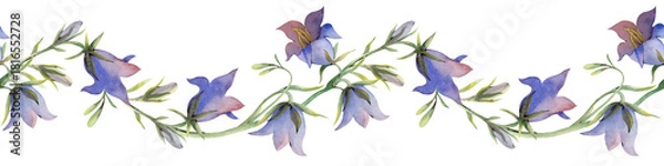Fototapeta Horizontal seamless border with bellflowers on a white background. Watercolor illustration of realistic wildflowers. A botanical template for textile and wallpaper design, gardening.