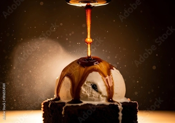 Obraz Indulgent Dessert Delight: Caramel Drizzled Over Ice Cream on a Rich Brownie Treat