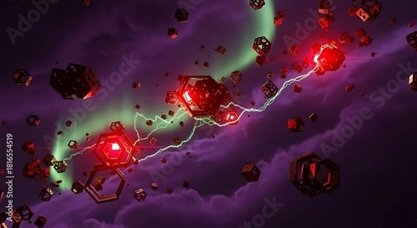 Fototapeta Cosmic geometry fusion, energy flows through geometric forms with nebula backdrop