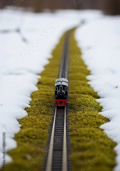 Obraz Miniature steam train on a mossy track with snowy landscape detailing