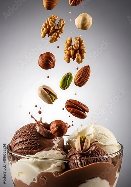 Fototapeta Decadent dessert creation featuring falling nuts over sundae delight