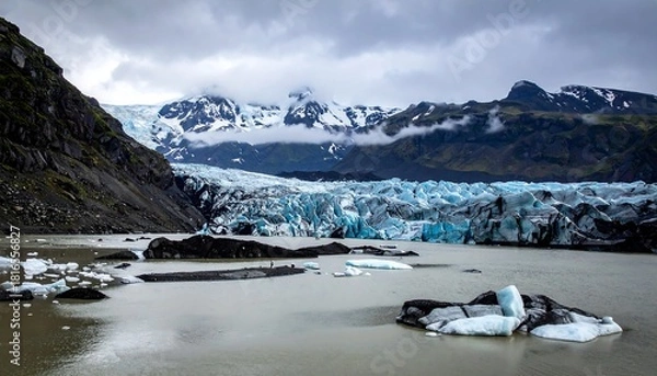Obraz A breathtaking landscape with a glacier meeting a lake beneath snowy mountains and a cloudy sky. Icebergs float