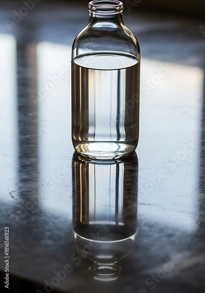Obraz Reflections of Clarity: A Glass Bottle Filled with Water on a Polished Surface with Bright Window Reflections