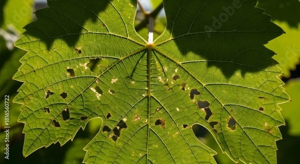 Obraz Green grape leaf riddled with insect damage holes backlit macro texture