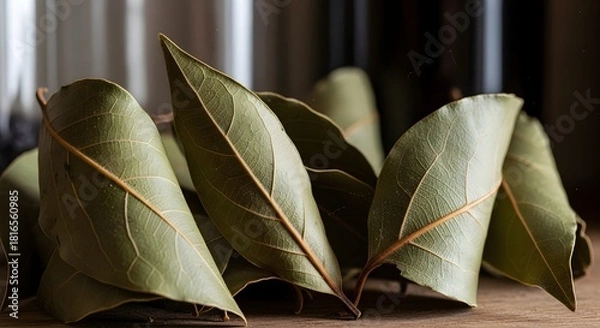 Obraz Aromatic Dried Bay Leaves Close Up Culinary Spice Ingredient
