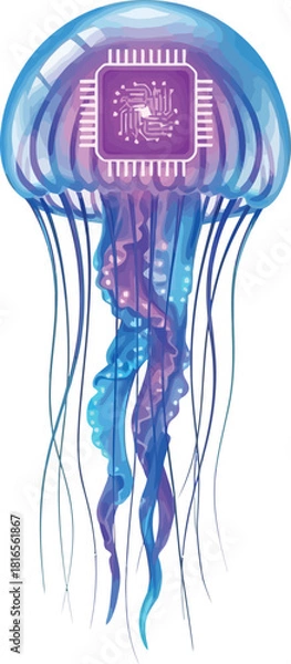 Fototapeta Jellyfish with a microchip inside vector illustration in blue and purple concept for technology and marine life