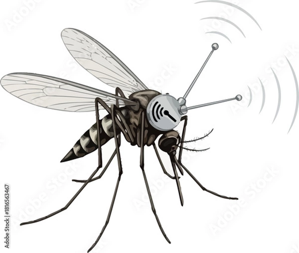 Fototapeta Illustration of a mosquito with antenna and sound waves concept for surveillance and monitoring isolated on white background