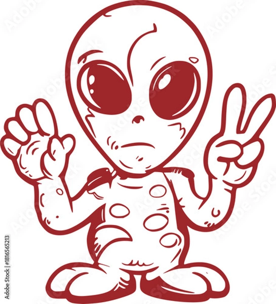 Obraz Playful Red Alien Cartoon with Peace Gesture