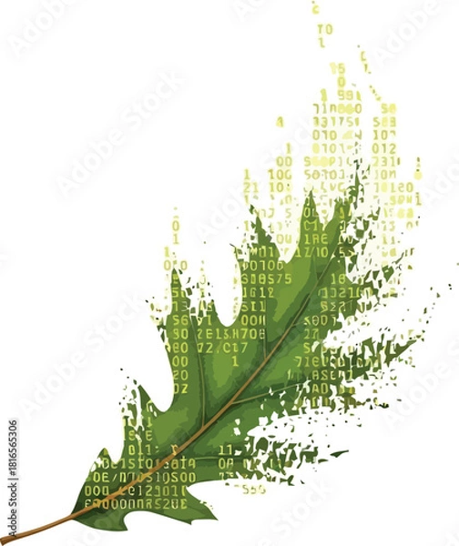 Fototapeta Green leaf with binary code texture representing technology and nature for environmental science and digital transformation concepts