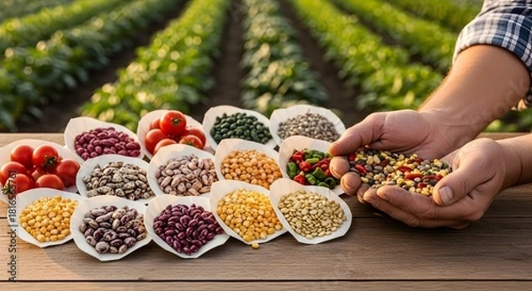 Fototapeta A person showcasing a variety of colorful seeds against a backdrop of a cultivated field. 