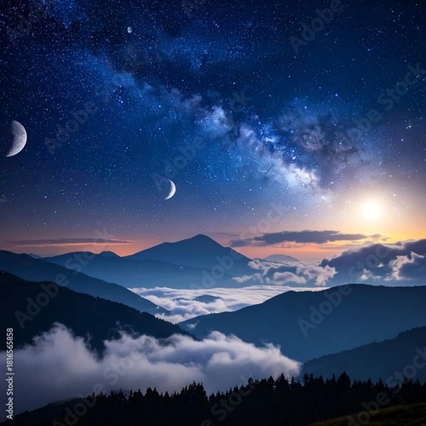 Fototapeta A breathtaking landscape with mountain ranges silhouetted against a starlit, blue-purple sky featuring a glowing celestial body and crescent moons