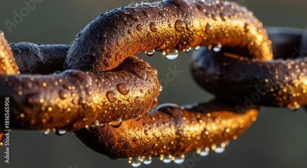 Fototapeta Capture strength and resilience with this detailed shot of a rusty, weathered chain glistening with water