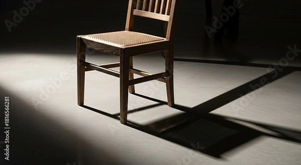Obraz Wooden chair bathed in spotlights contrasting shadows create a dramatic atmosphere showcasing minimalist elegance and