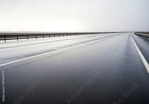 Fototapeta Reflective expanse of wet highway asphalt on a day with overcast sky