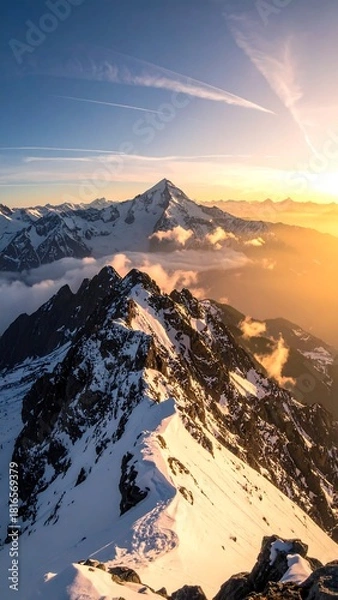 Fototapeta A breathtaking mountain range bathed in the warm glow of the rising sun. Peaks pierce the clouds; a stunning aerial view