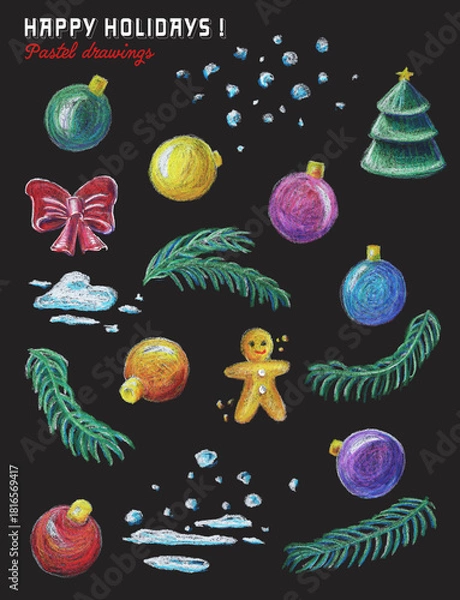 Obraz Chalk Pastel Christmas Clipart Set – Illustrations de Noël dessinées à la main : boules, sapin, neige, bonhomme pain d'épices, branches de sapin, décorations festives