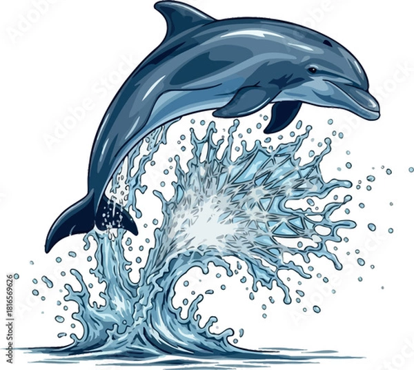 Fototapeta Dolphin jumping out of water vector illustration with splash effect isolated on white background