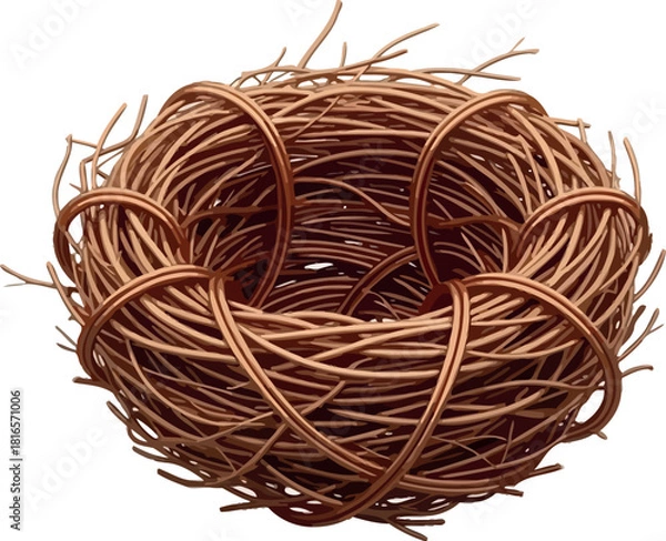 Fototapeta Empty bird nest made of twigs isolated on white background symbol of new life and spring