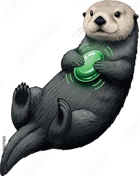 Obraz Cute sea otter illustration holding a glowing green stone detailed vector design isolated on white background