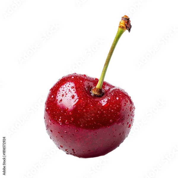 Fototapeta Single vibrant red cherry with stem and natural blemishes on pure white background for fresh fruit branding, minimalist food design, and organic produce visuals

