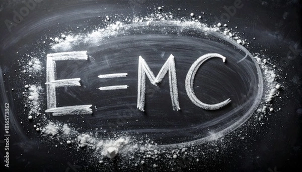 Obraz The iconic E=MC² mass-energy equivalence formula, elegantly drawn in white chalk on a dark blackboard, representing profound scientific discovery and fundamental physics concepts