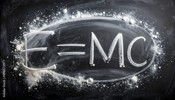 Obraz Exploring the iconic principle of energy and matter, scribed with vibrant chalk on a textured, dust-covered schoolboard, symbolizing universal physics