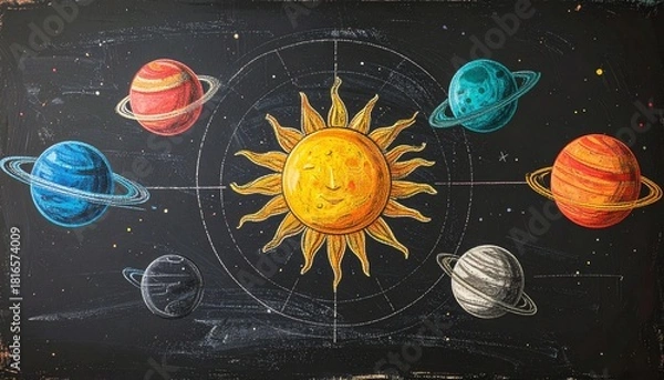 Obraz Colorful chalk drawing of the solar system, featuring a bright sun and planets orbiting, all on a dark, textured background with celestial markings