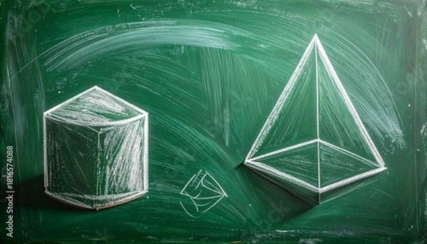 Obraz Chalkboard art depicting precise geometric solids, a hexagonal prism and pyramid, meticulously drawn for educational mathematics concepts