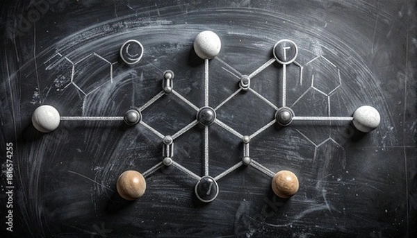 Obraz Academic depiction of a complex three-dimensional molecular structure, artfully chalk-drawn on a dark blackboard, symbolizing advanced chemical bonding and scientific research
