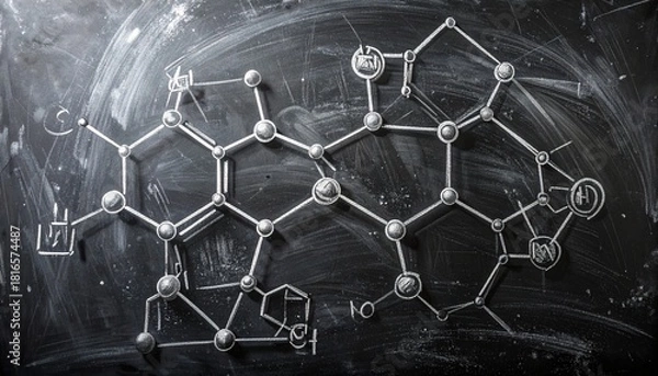 Obraz Intricate metallic-look chemical bond structure rendered on a dark, textured blackboard background, symbolizing scientific research and complex molecular biology