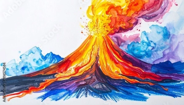 Obraz Vibrant watercolor illustration capturing a dramatic volcano eruption, showcasing a spectacular burst of fiery lava and colorful smoke plumes in an expressive artistic style