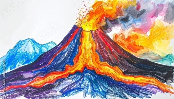 Obraz Vibrant child-like crayon drawing depicting a powerful volcano eruption with flowing lava and colorful smoke plumes, showcasing a waxy texture and energetic artistic expression
