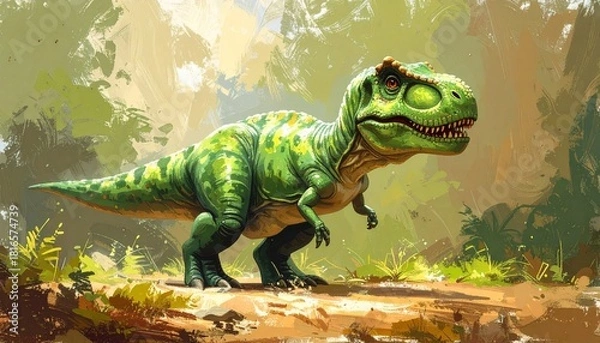 Obraz Adorable Green Baby Dinosaur Rests Peacefully in a Lush Forest, Illustrated with Soft, Textured Brushstrokes, Evoking a Dreamy Prehistoric Scene