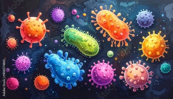 Obraz Colorful blob-shaped germs, bacteria, and viruses illustrated with soft pastels and grainy texture, dynamically populating a dark microscopic world