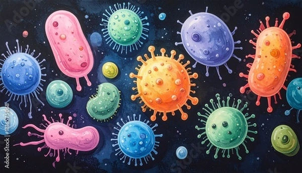Obraz Vibrant Microscopic Organisms An Artistic Illustration Showcasing Diverse Colorful Bacteria, Viruses, and Germs in a Scientific Context