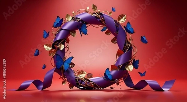 Fototapeta Whimsical violet ribbon wreath entwined with golden leaves and blue butterflies